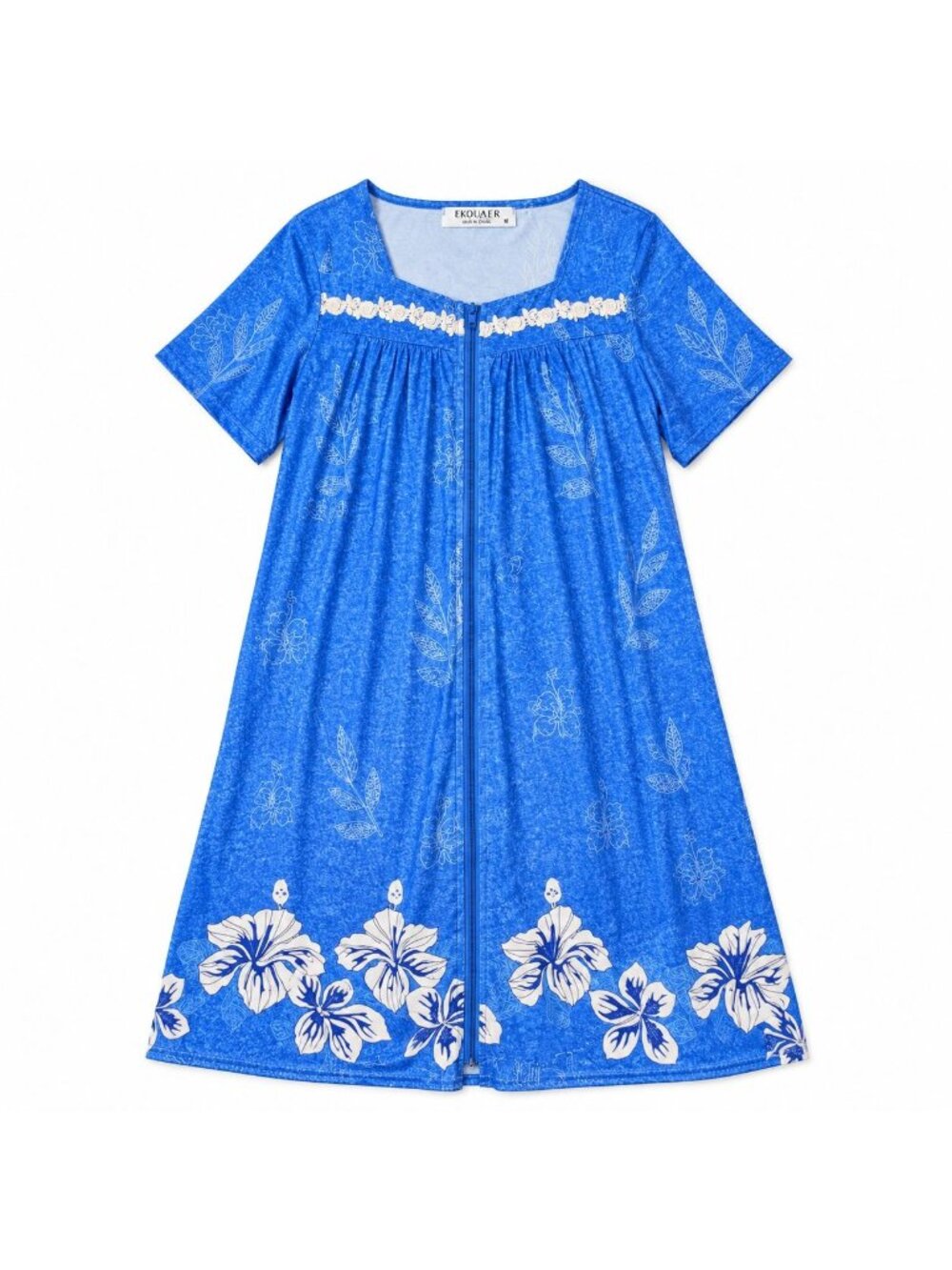 Ekouaer Blue Floral Duster Robe M Zip Front House Dress Tropical Lounge Sleep